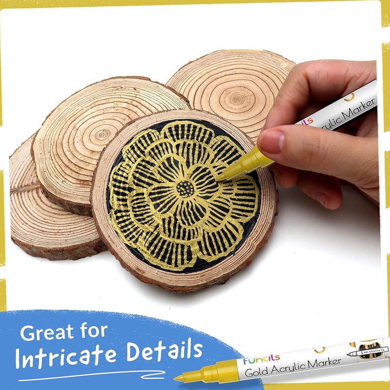 Funcils 5 Acrylic Gold Paint Pen Metallic - Gold Marker Metallic Paint for Wood, Fabric, Canvas, Leaf, Tire, Metal, Glass - Permanent Pen Fine Tip, Thin Point & Jumbo (1mm, 3mm, 6mm, 10mm, 15mm) - Image 5